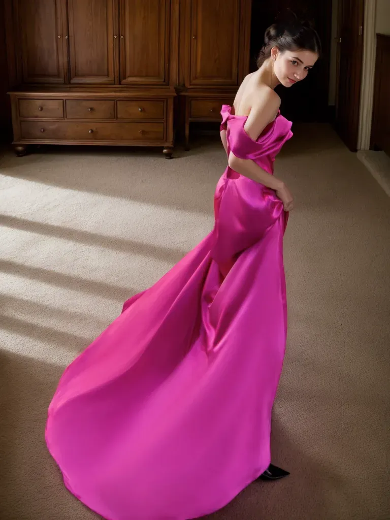 Radiant Fuchsia Off-Shoulder Satin Gown with Elegant Train SelenaHuanStudio
