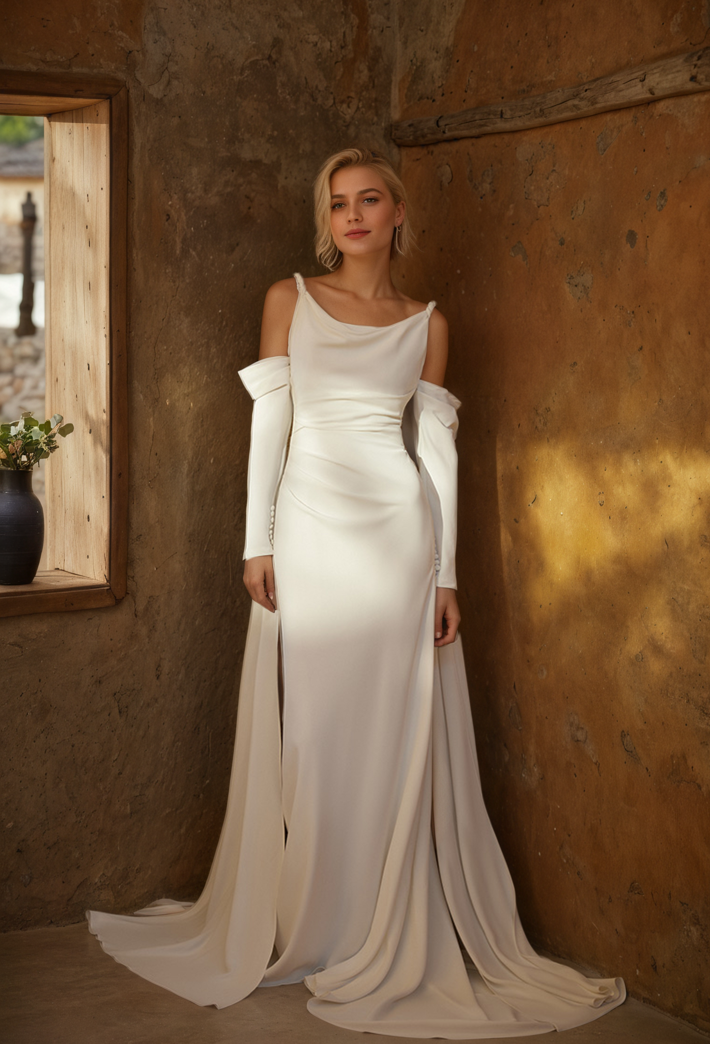 Minimalist Off-Shoulder Satin Wedding Gown with Detachable Sleeves and Elegant Train SelenaHuanStudio