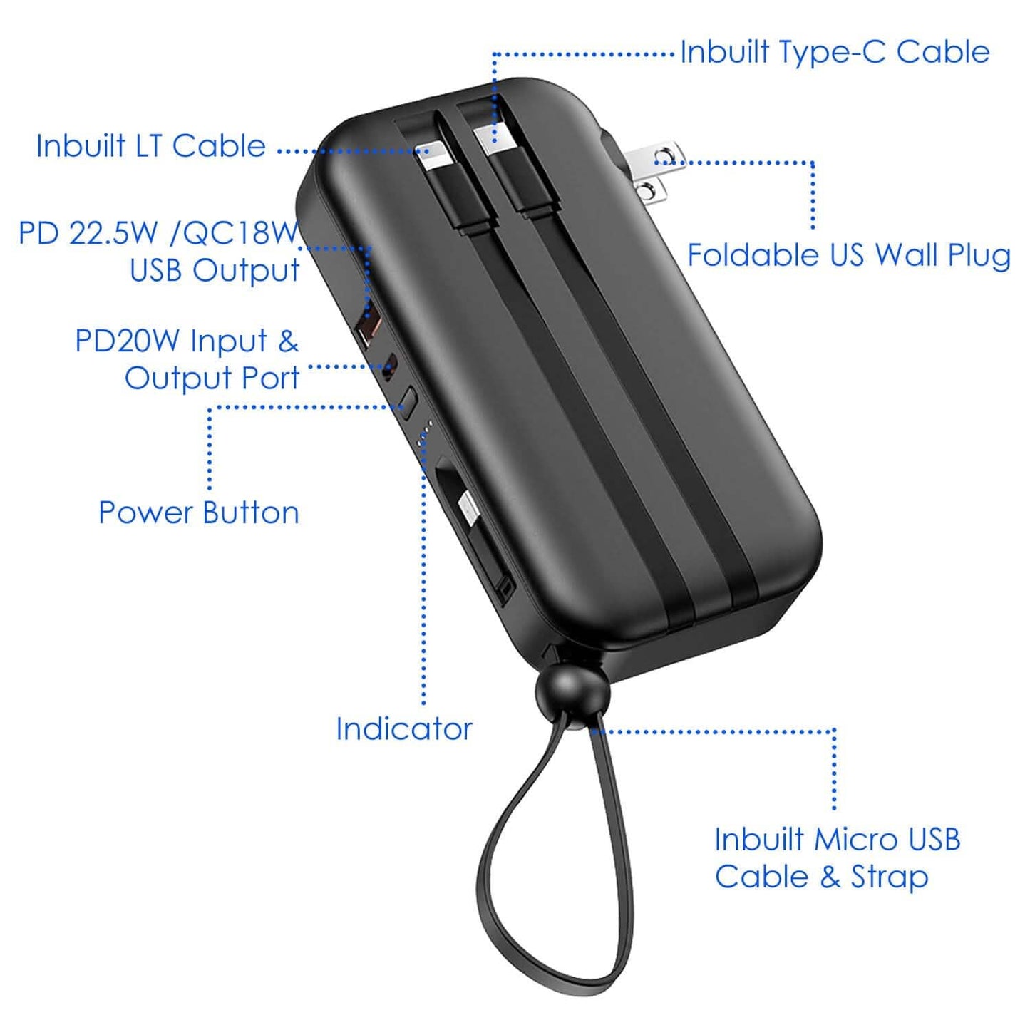 10000mAh Portable Charger with US Plug 3 Inbuilt Cables DailySale