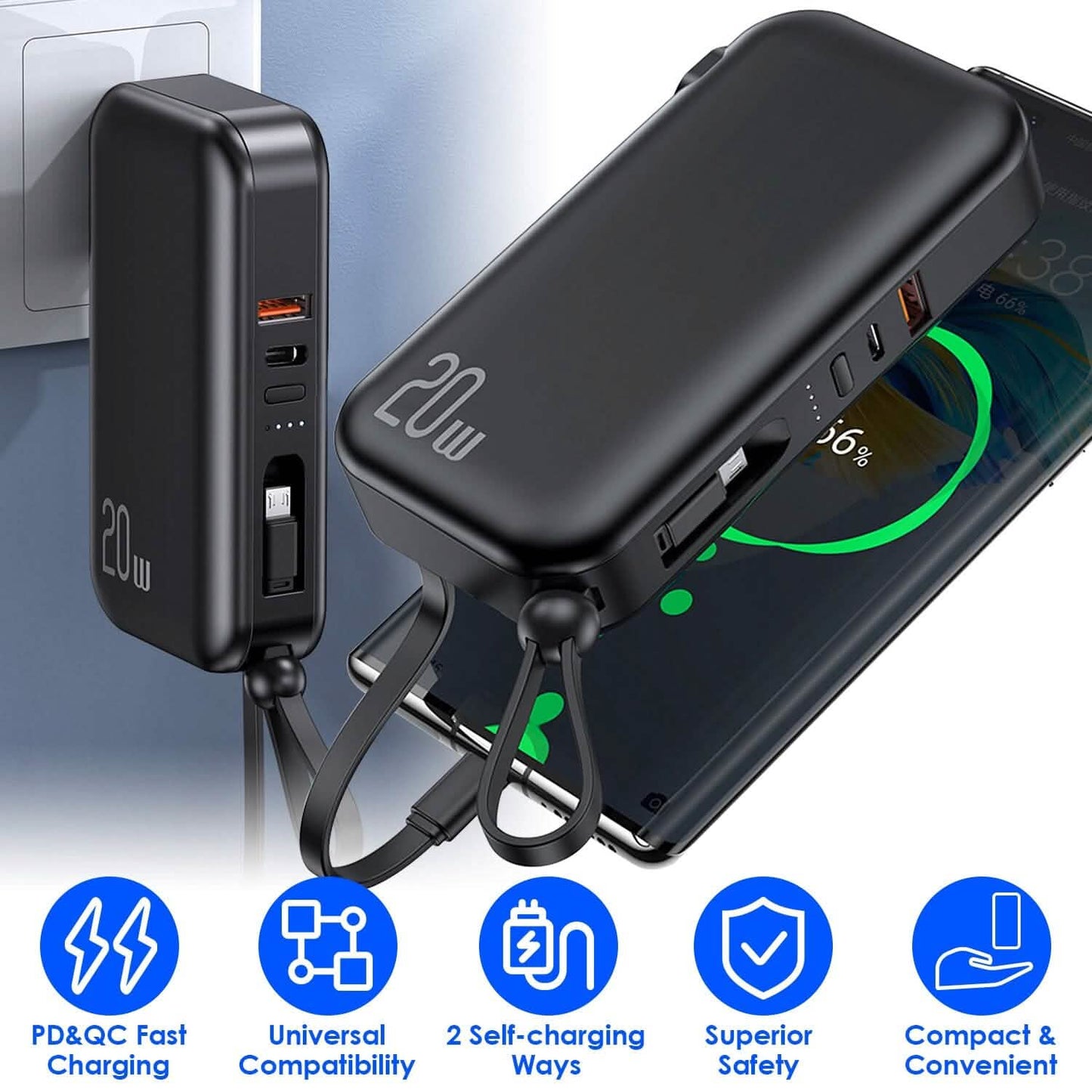 10000mAh Portable Charger with US Plug 3 Inbuilt Cables DailySale