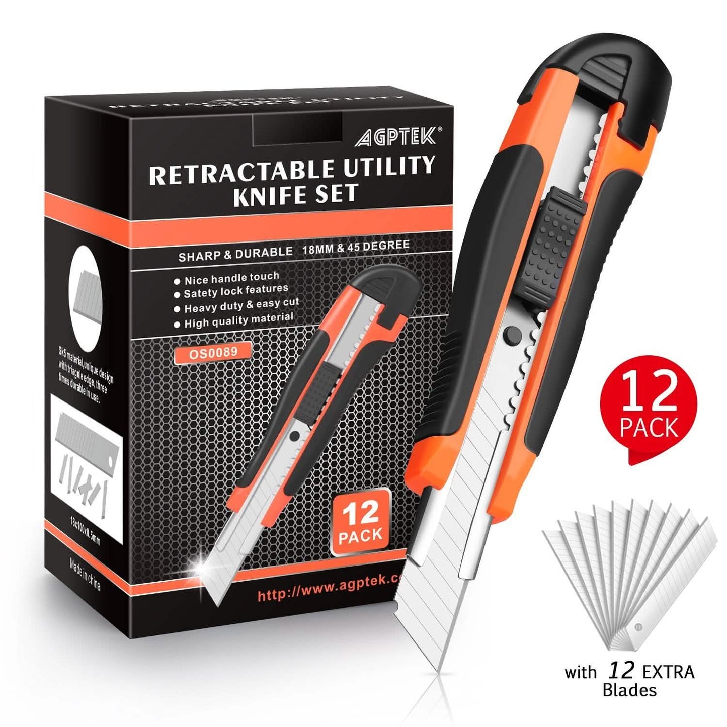 12-Packs: AGPtEK Utility Knife 18mm Retractable Safety Box Cutter with 12 Extra Spare Blades DailySale