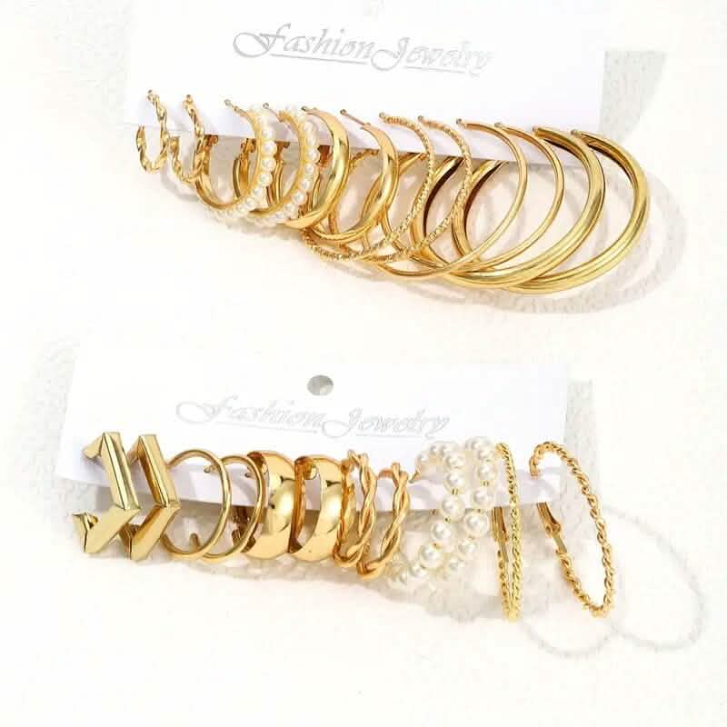 12-Pairs: Gold Hoop Earrings with Faux Pearl Decor Set DailySale