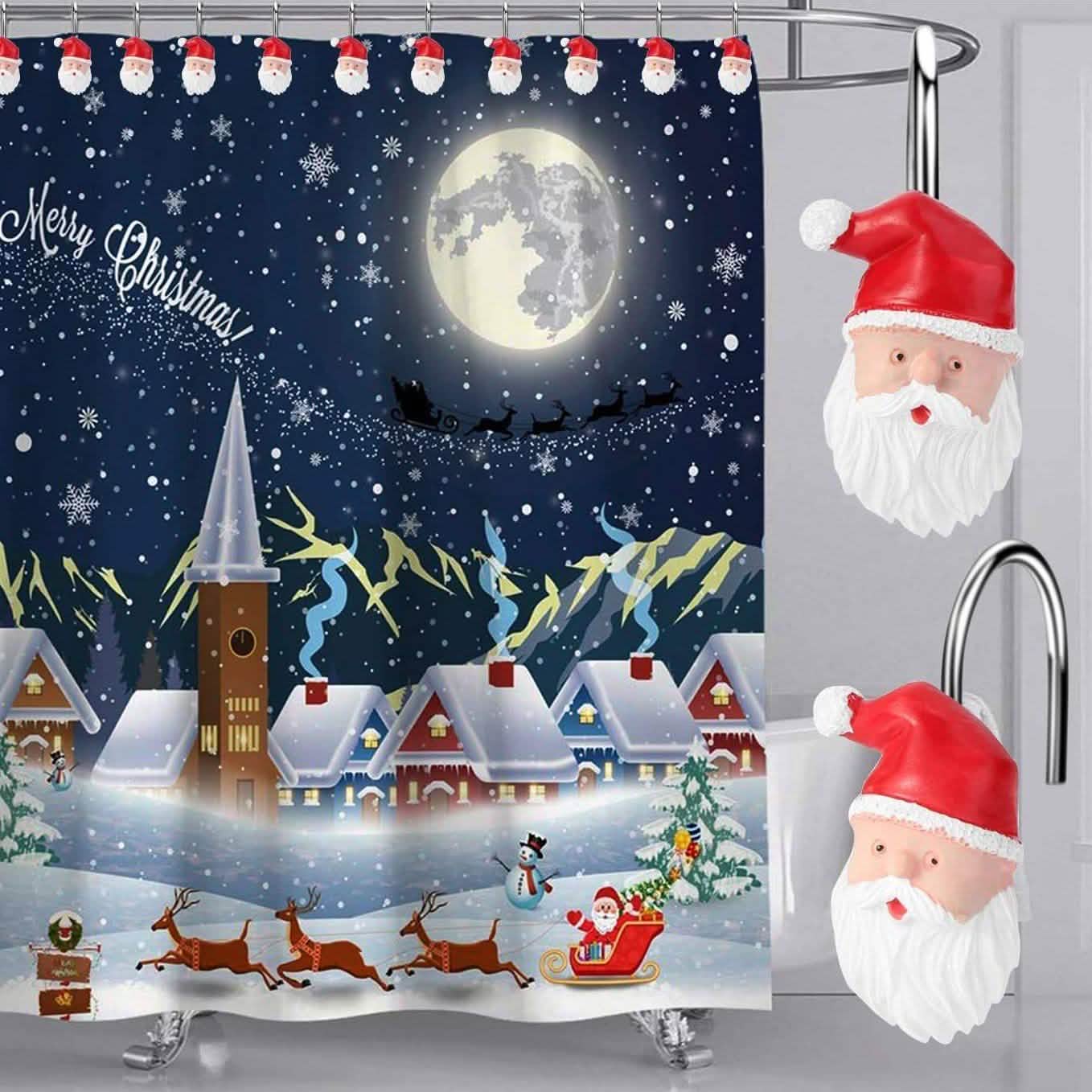 12-Pieces: Christmas Shower Curtain Anti-Rust Hooks DailySale