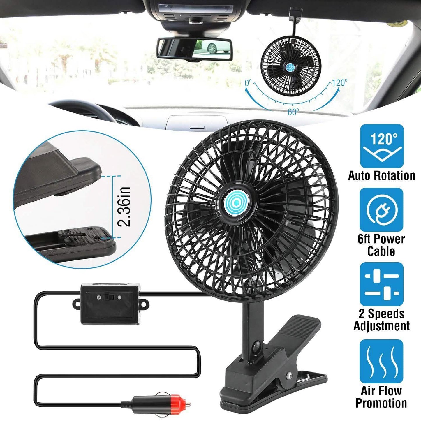 12V Car Fan Oscillating Clip on Cooling Fan with 2 Speeds 120° Rotation DailySale