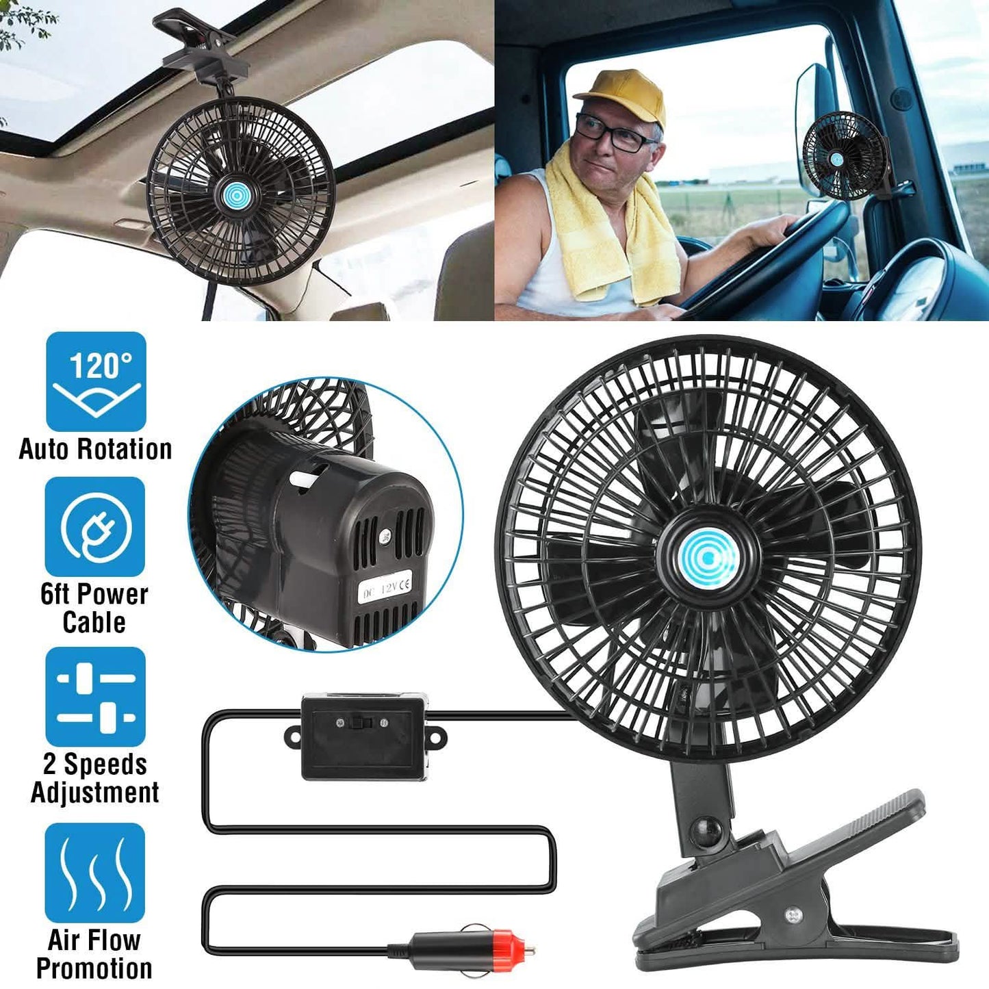 12V Car Fan Oscillating Clip on Cooling Fan with 2 Speeds 120° Rotation DailySale