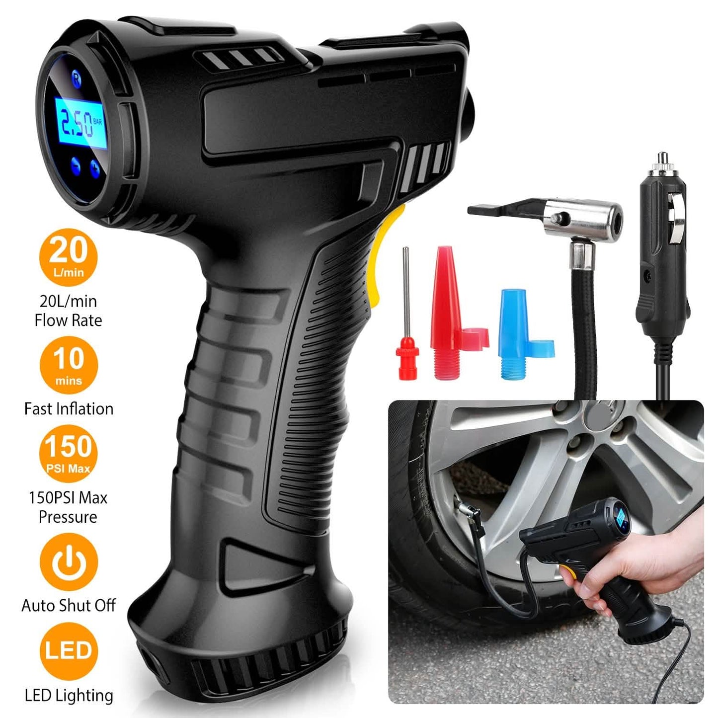 12V Digital Car Tire Inflator with LED Light 150 PSI DailySale