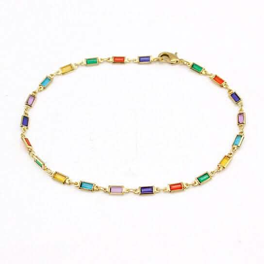 18k Gold Filled High Polish Finish Gold And Multi Color Dark Crystal Baguette Anklet DailySale