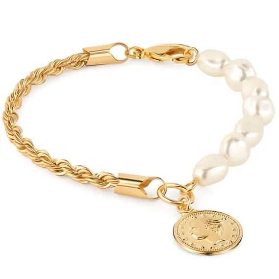 18K Gold Rope & Pearl Anklet with Coin Charm - 10 Inches DailySale