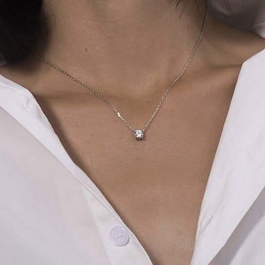18K White Gold Dainty Round Cut Solitaire Necklace DailySale