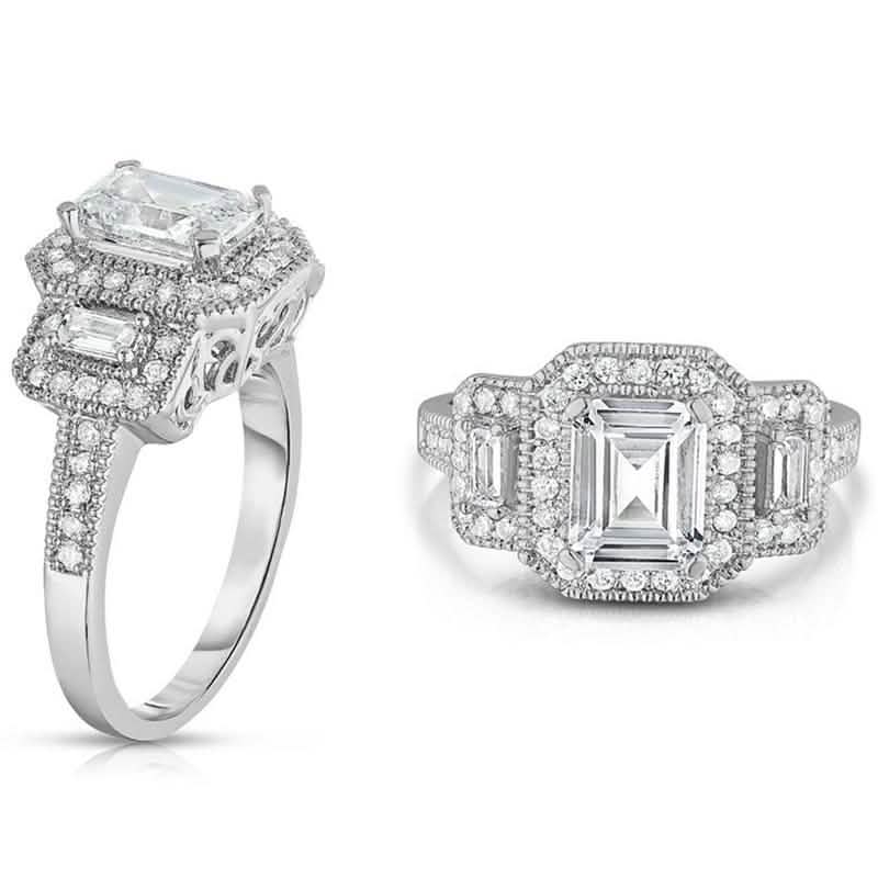 18k White Gold Tri Stone Emerald Cut Cubic Zirconia Ring DailySale
