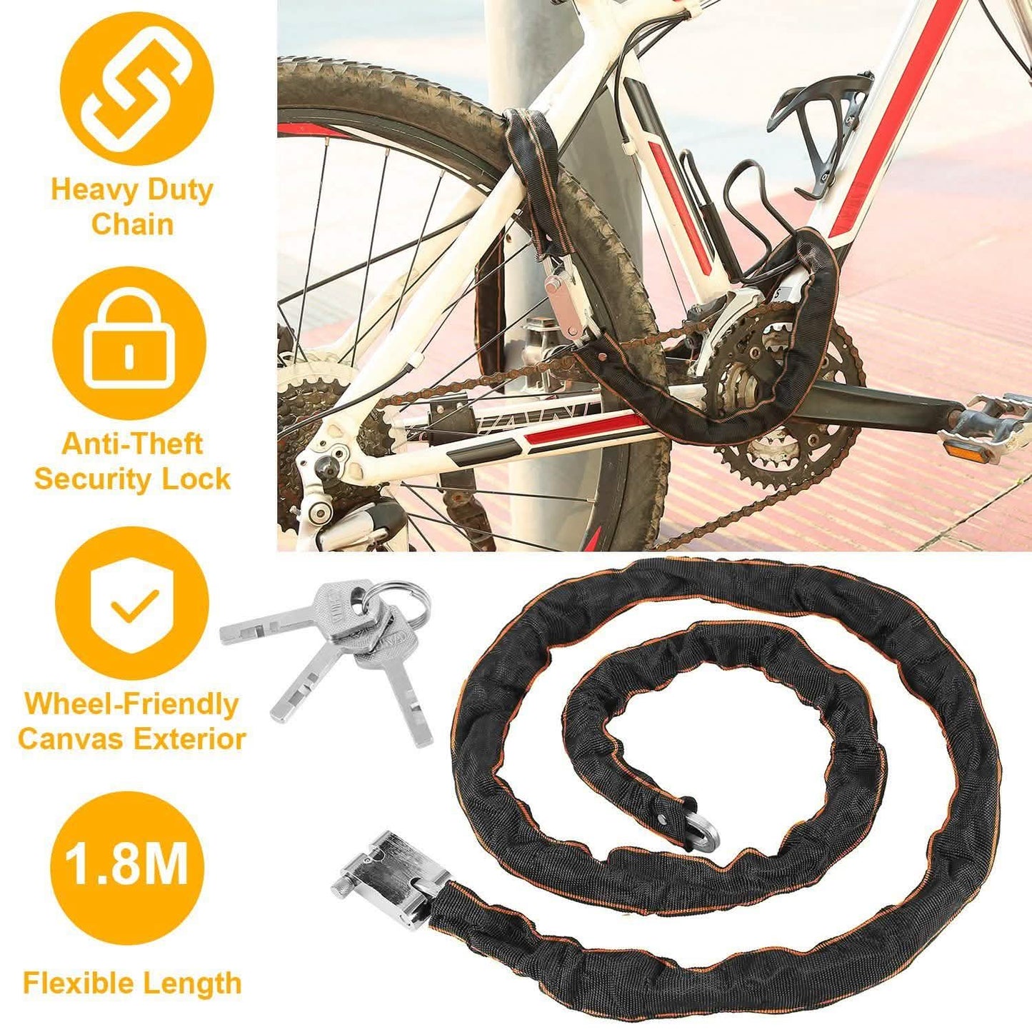 1.8m Bike Chain Lock with 3 Keys Heavy Duty Security Lock DailySale
