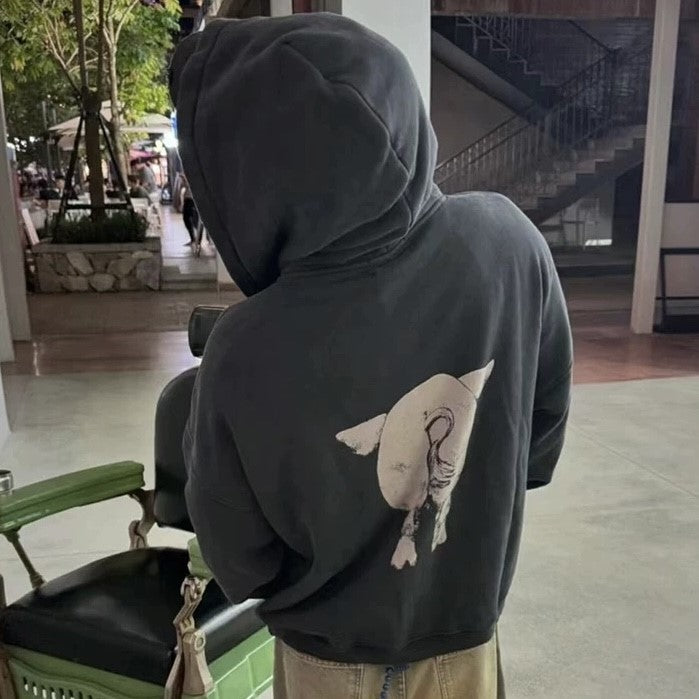 Cowboy Pig Graphic Oversized Hoodie - Vintage Zip-Up Streetwear | LuxuryUrbanwear - Luxuryurbanwear
