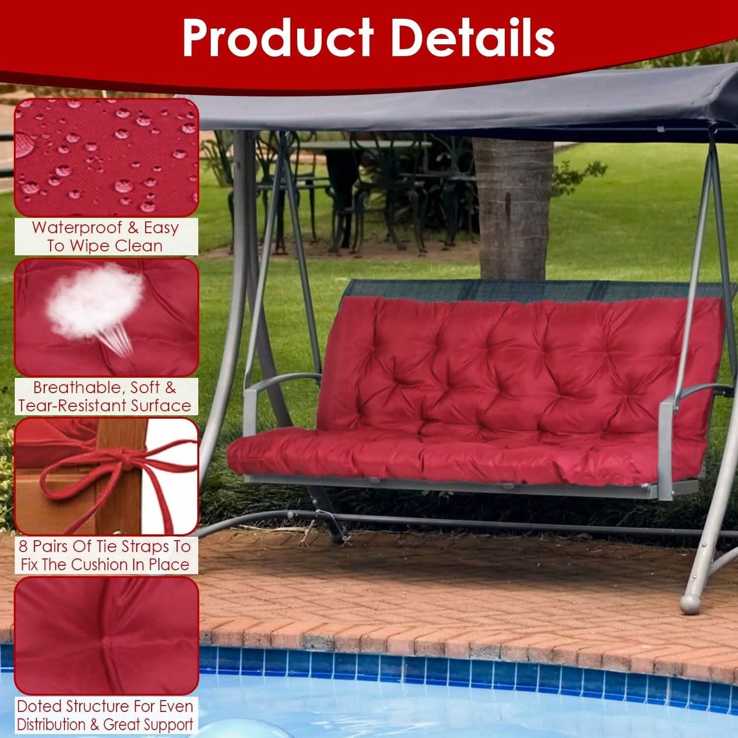 2-3 Seater Swing Cushion Replacement Swing Beach Pads with Backrest 8-Tie Straps DailySale