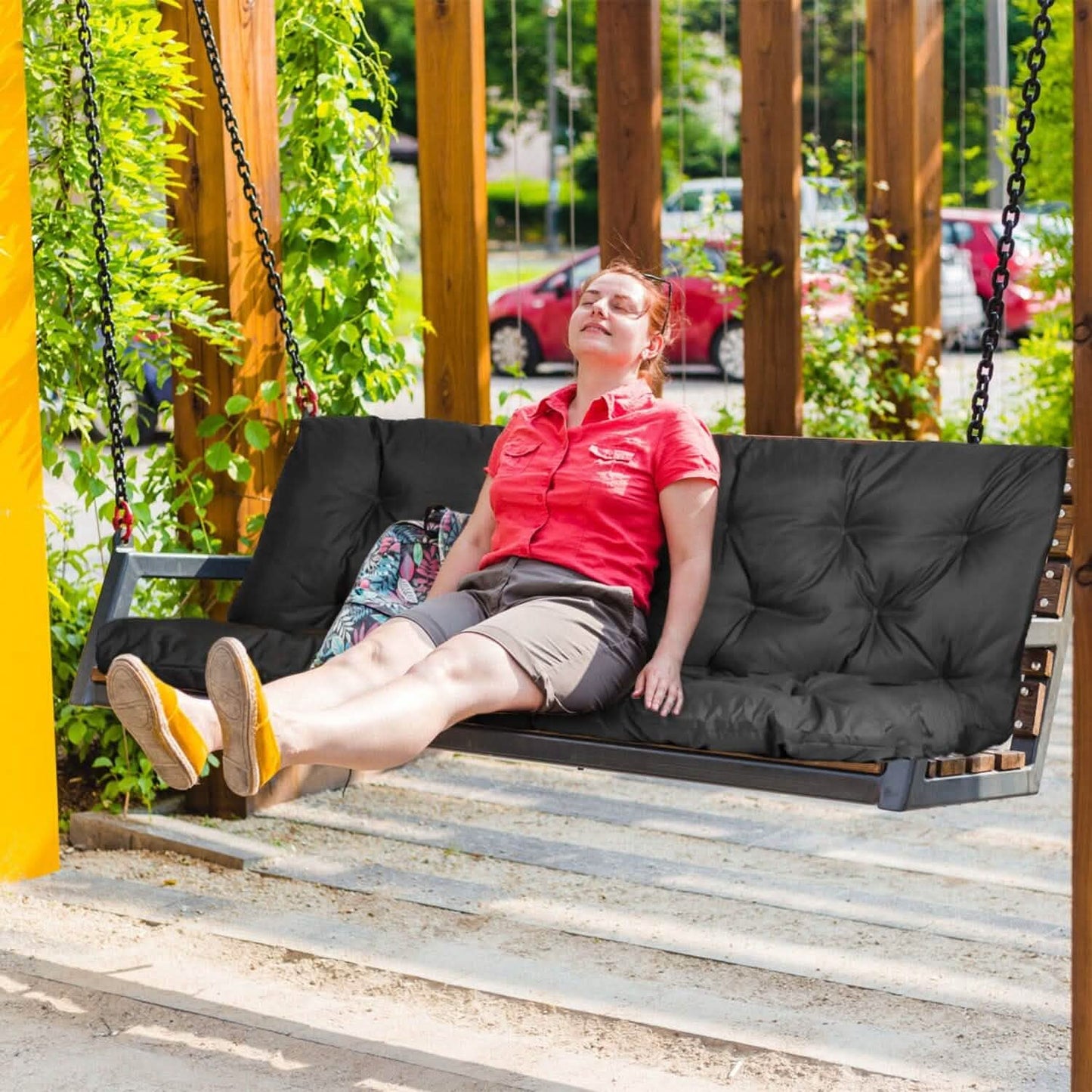 2-3 Seater Swing Cushion Replacement Swing Beach Pads with Backrest 8-Tie Straps DailySale