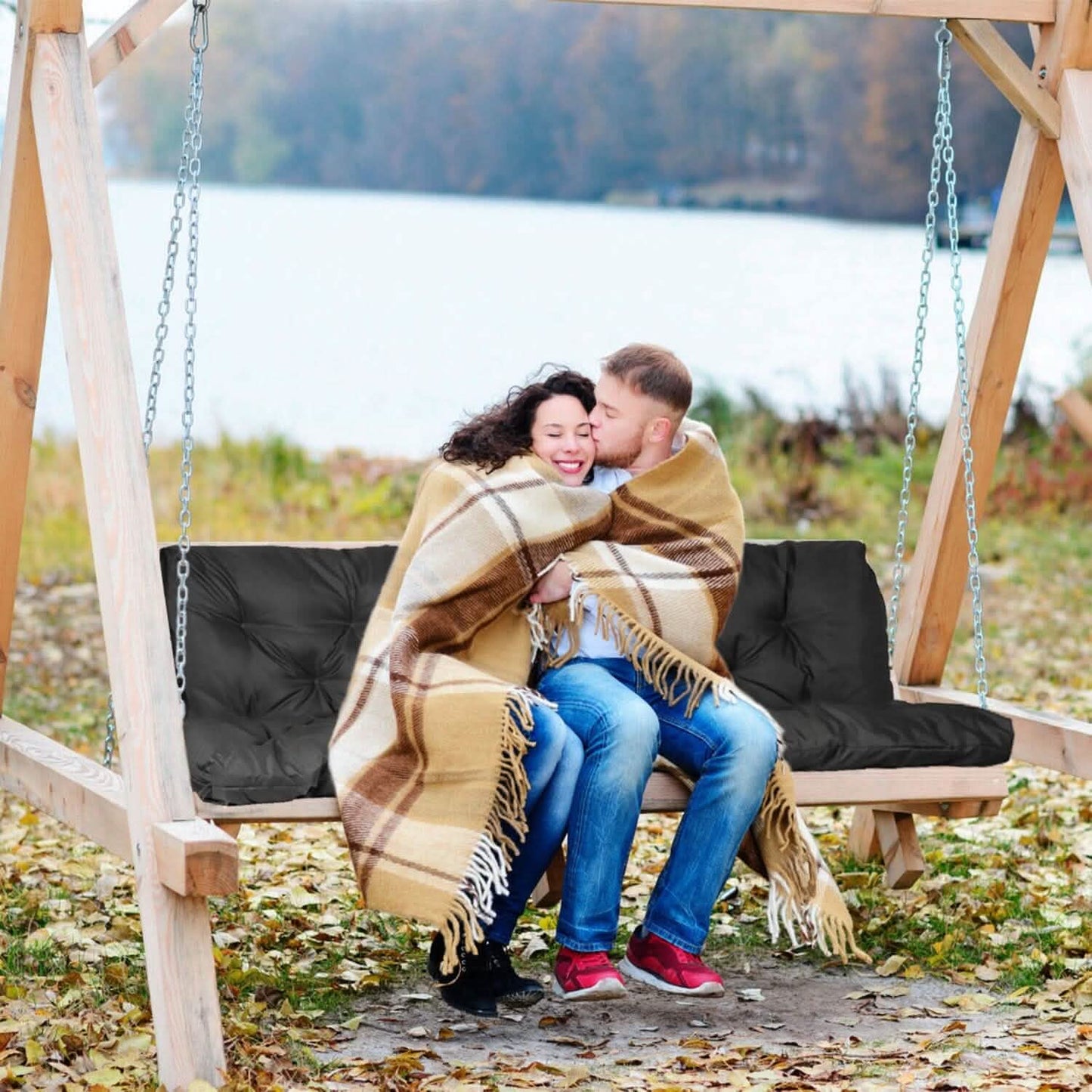 2-3 Seater Swing Cushion Replacement Swing Beach Pads with Backrest 8-Tie Straps DailySale