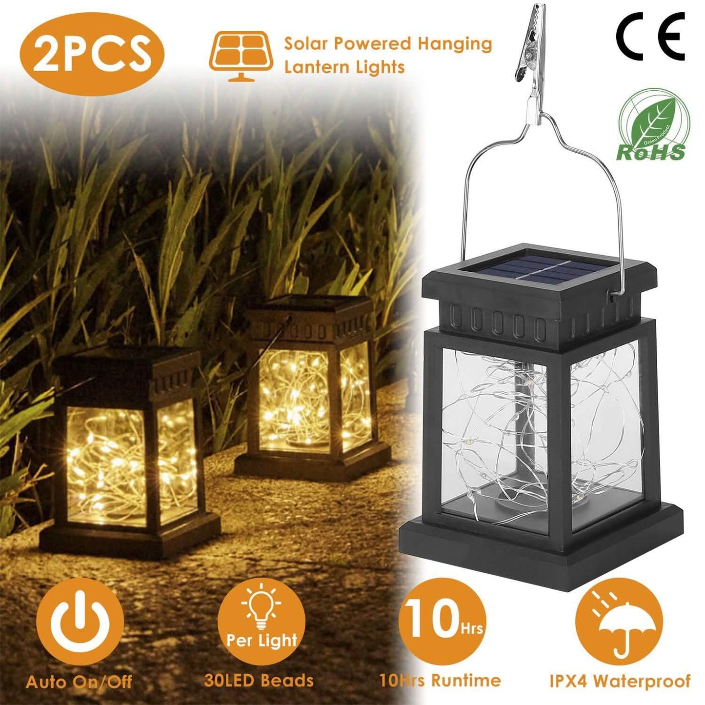 2-Pack: Solar Powered Hanging Lights 30 LED Beads DailySale