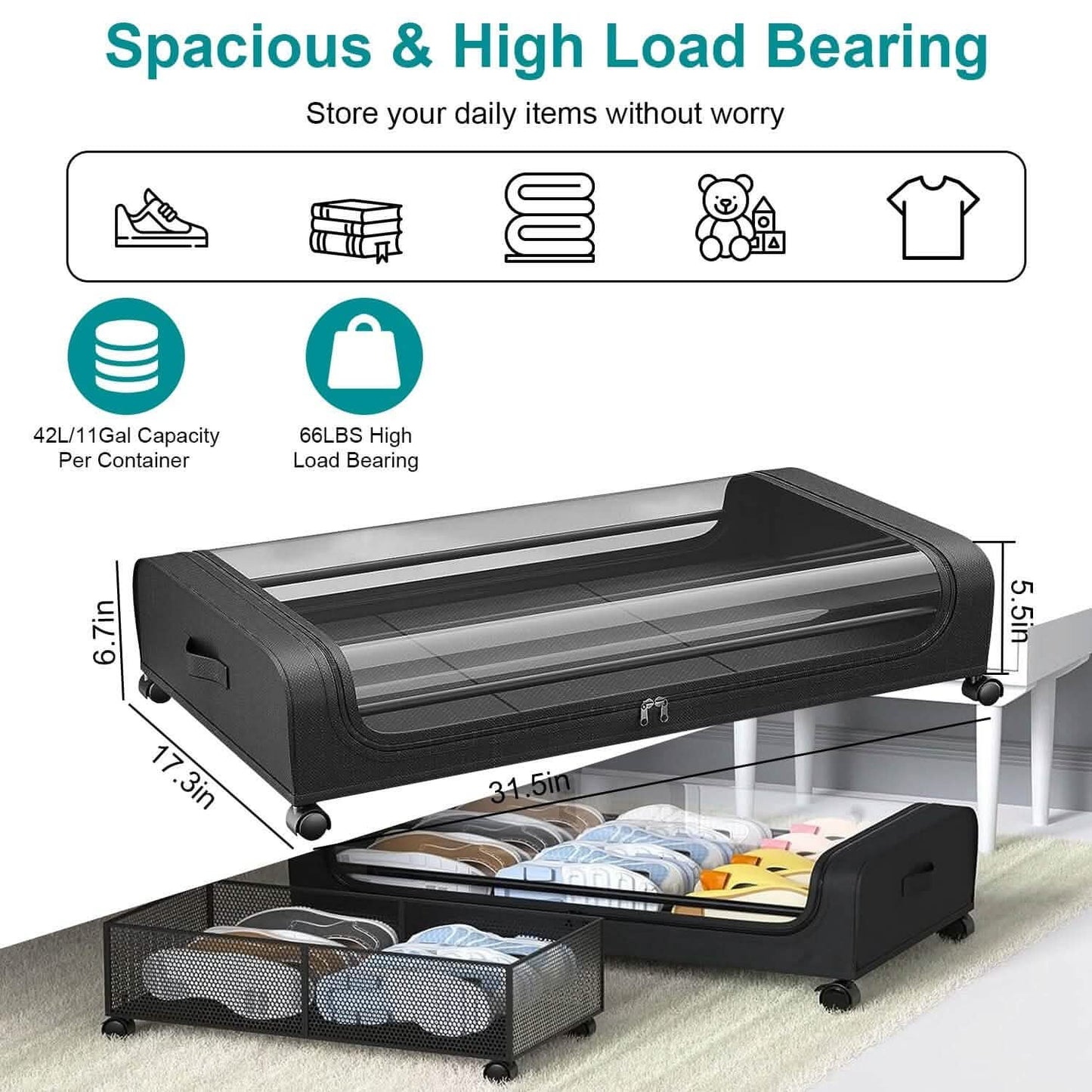 Under-Bed Storage Drawer with Wheels Multipurpose with Clear Window & Label DailySale