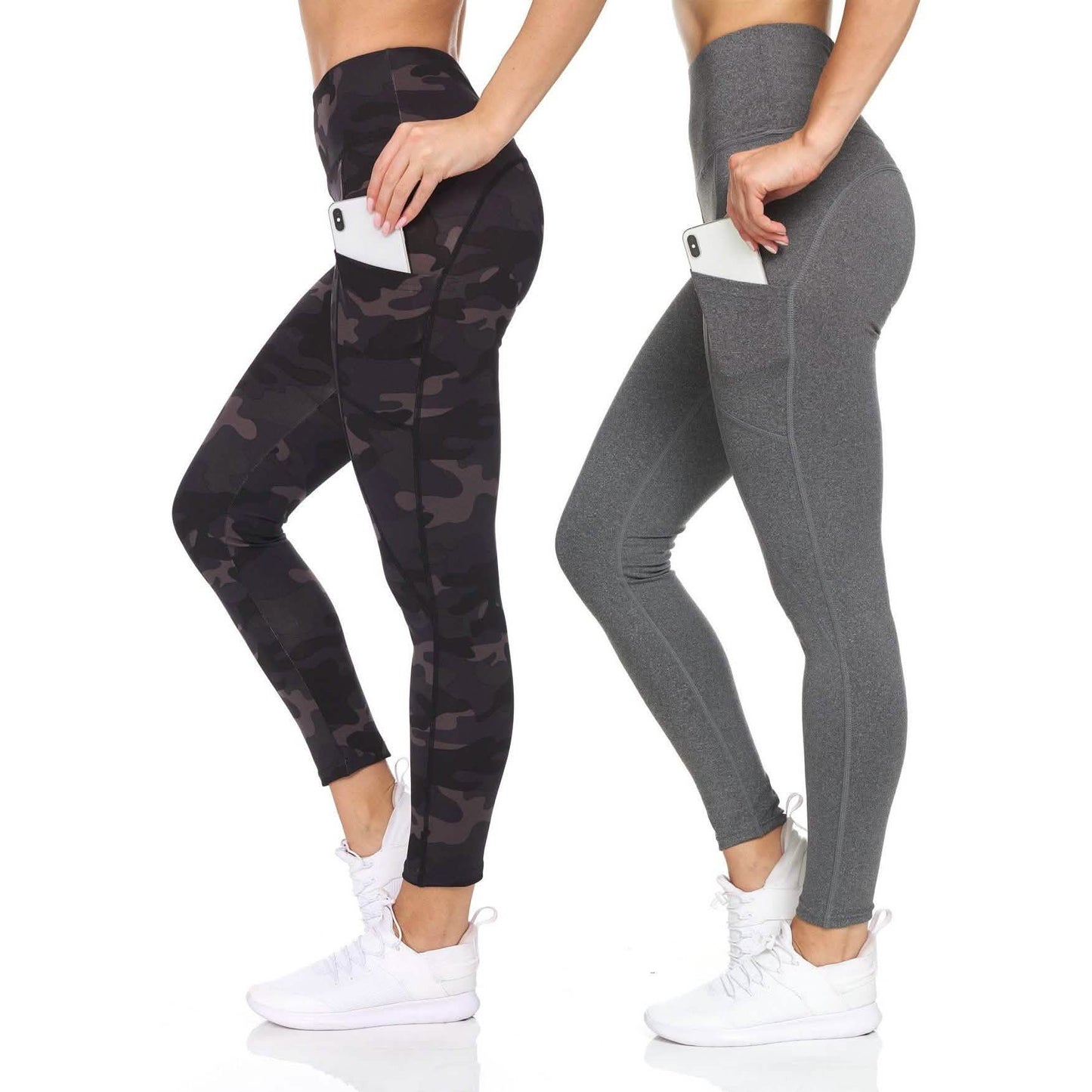 2-Pack: Women's High Waist Active Full Length Leggings with Camo and Solid Print DailySale