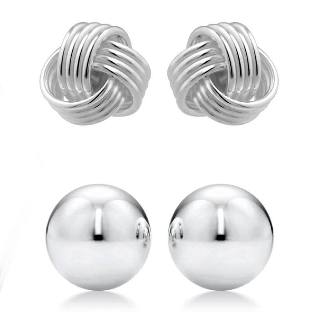 2-Pairs: Sterling Silver Love Knot and Ball Stud Earring Set DailySale