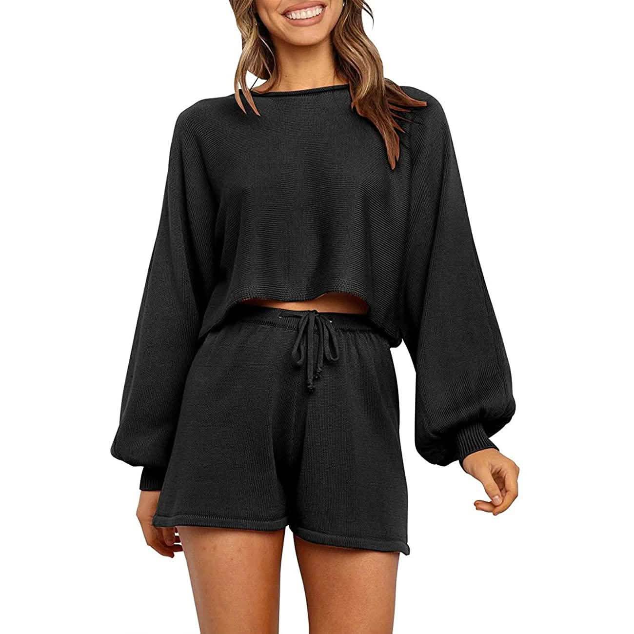 2-Piece: Knit Outfits Puff Sleeve Crop Top Shorts Set Sweater Sweatsuit DailySale