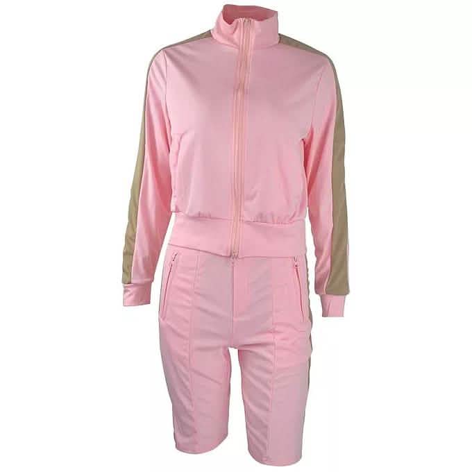 2-Piece: Lapel Neck Zipper Color Matching Long Sleeve Fleece Sport Casual Shorts DailySale
