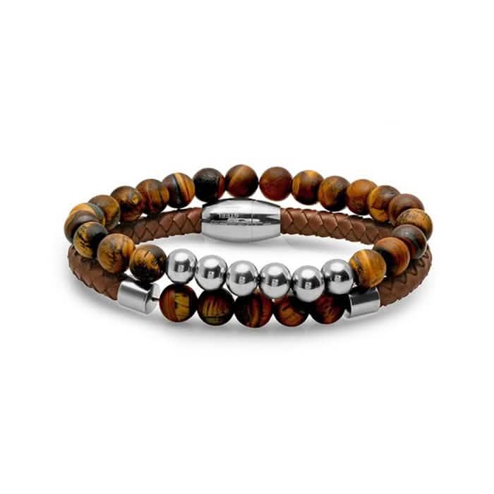2-Piece: Men's Leather Braided Bracelet Beaded with Tiger Eye DailySale