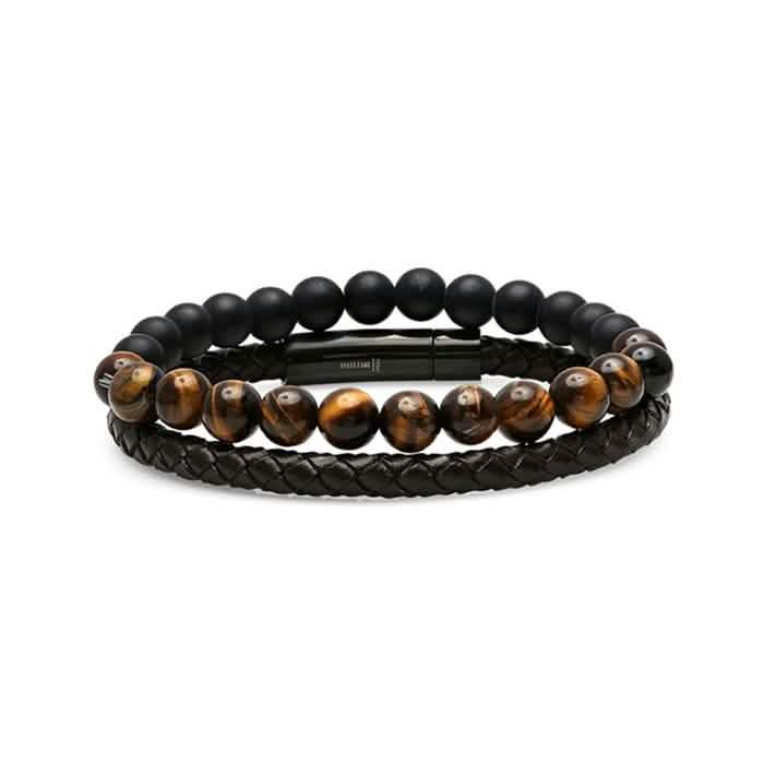 2-Piece: Men's Leather Braided Bracelet Beaded with Tiger Eye DailySale