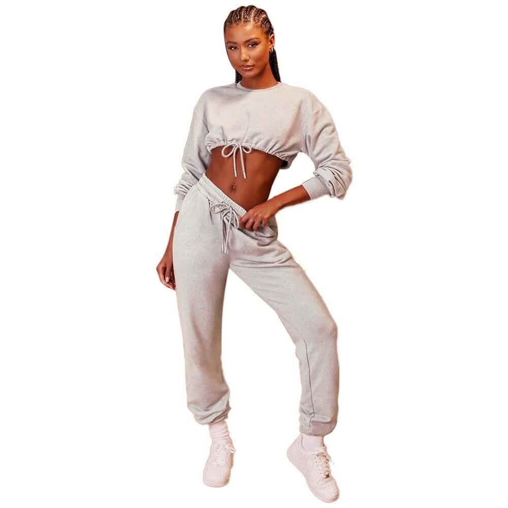 2-Piece Set: Drawstring Short Top Hooded Tops Sweatshirt Pants Set DailySale