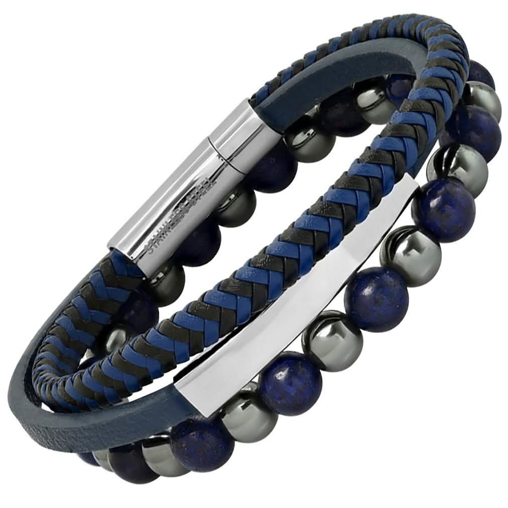 2-Piece Set: Men's Leather/Stainless Steel and Lapis/Hematite Beaded Bracelets DailySale