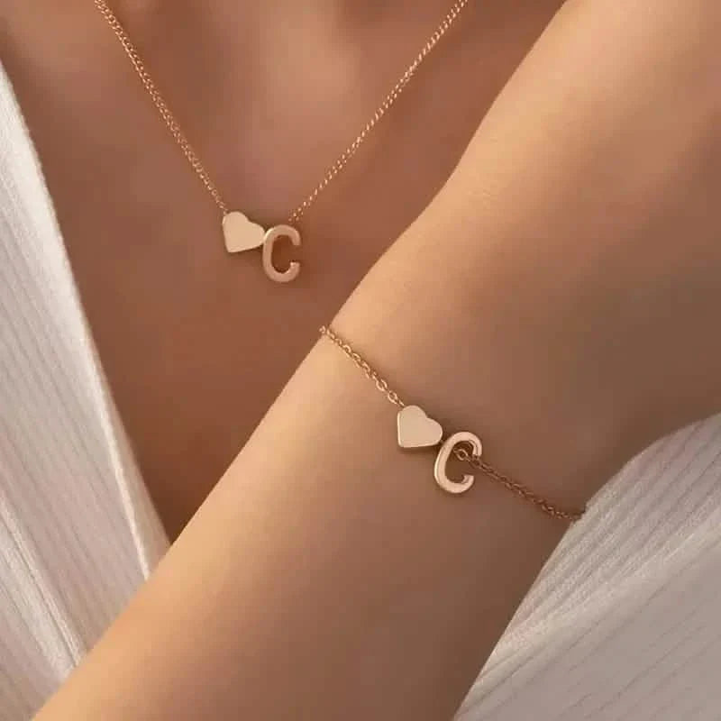 2-Piece Set: Metal Heart And English Letter Necklace And Bracelet DailySale