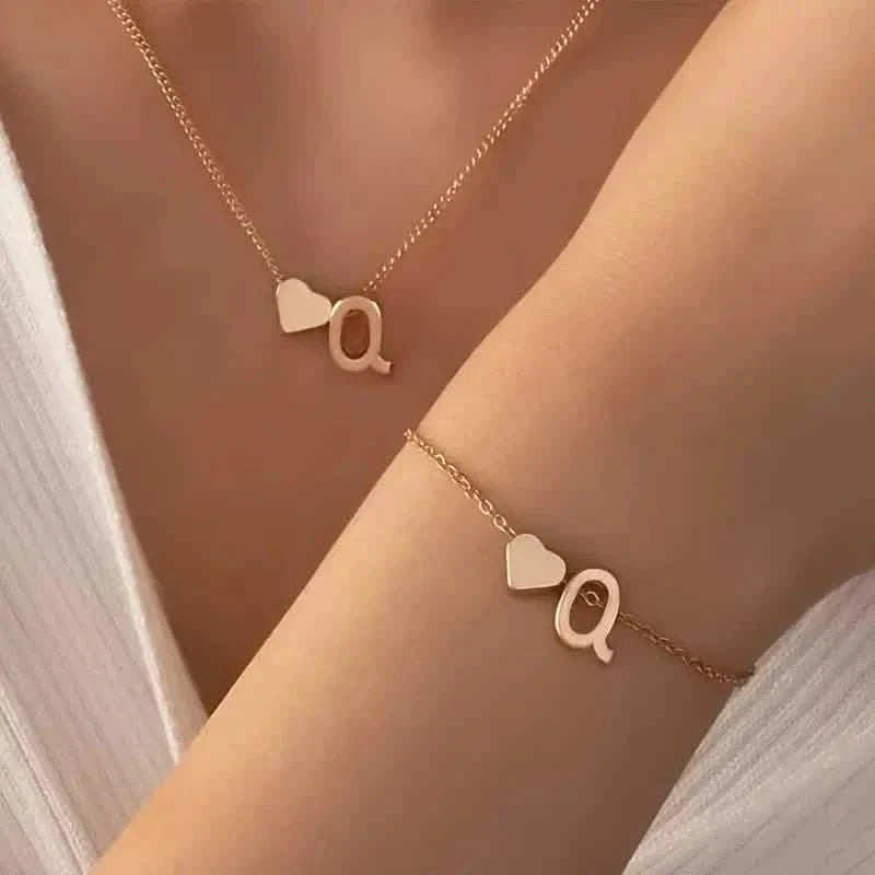 2-Piece Set: Metal Heart And English Letter Necklace And Bracelet DailySale