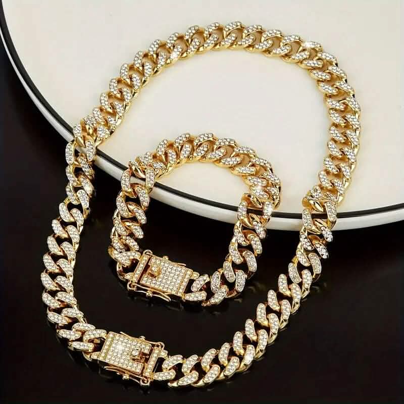 2-Piece Set: Unisex Hip Hop Cuban Chain Necklace and 8" Bracelet DailySale