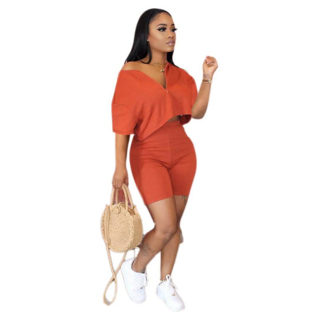 2-Piece Set: Women Solid Color Short Sleeves Zipper Casual Jumpsuit Outfits DailySale