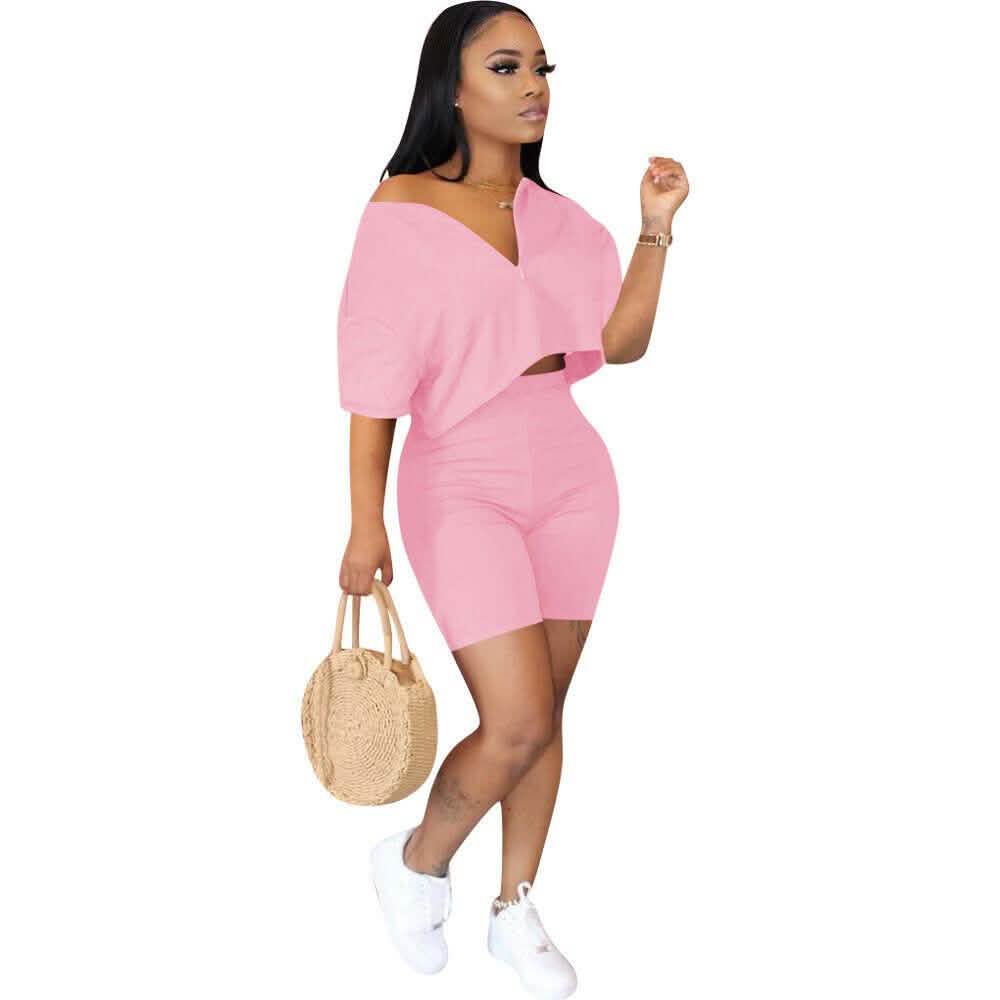 2-Piece Set: Women Solid Color Short Sleeves Zipper Casual Jumpsuit Outfits DailySale