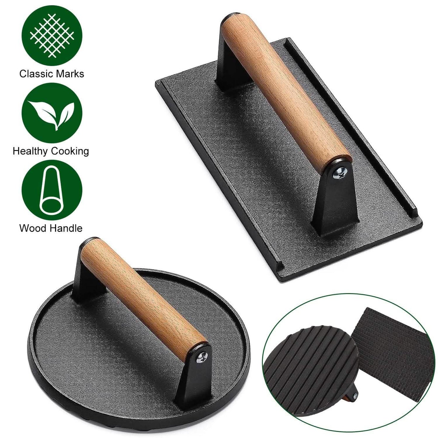 2-Pieces: Cast Iron Grill Press Pre-Seasoned Steak Weights Smash Burger Press DailySale