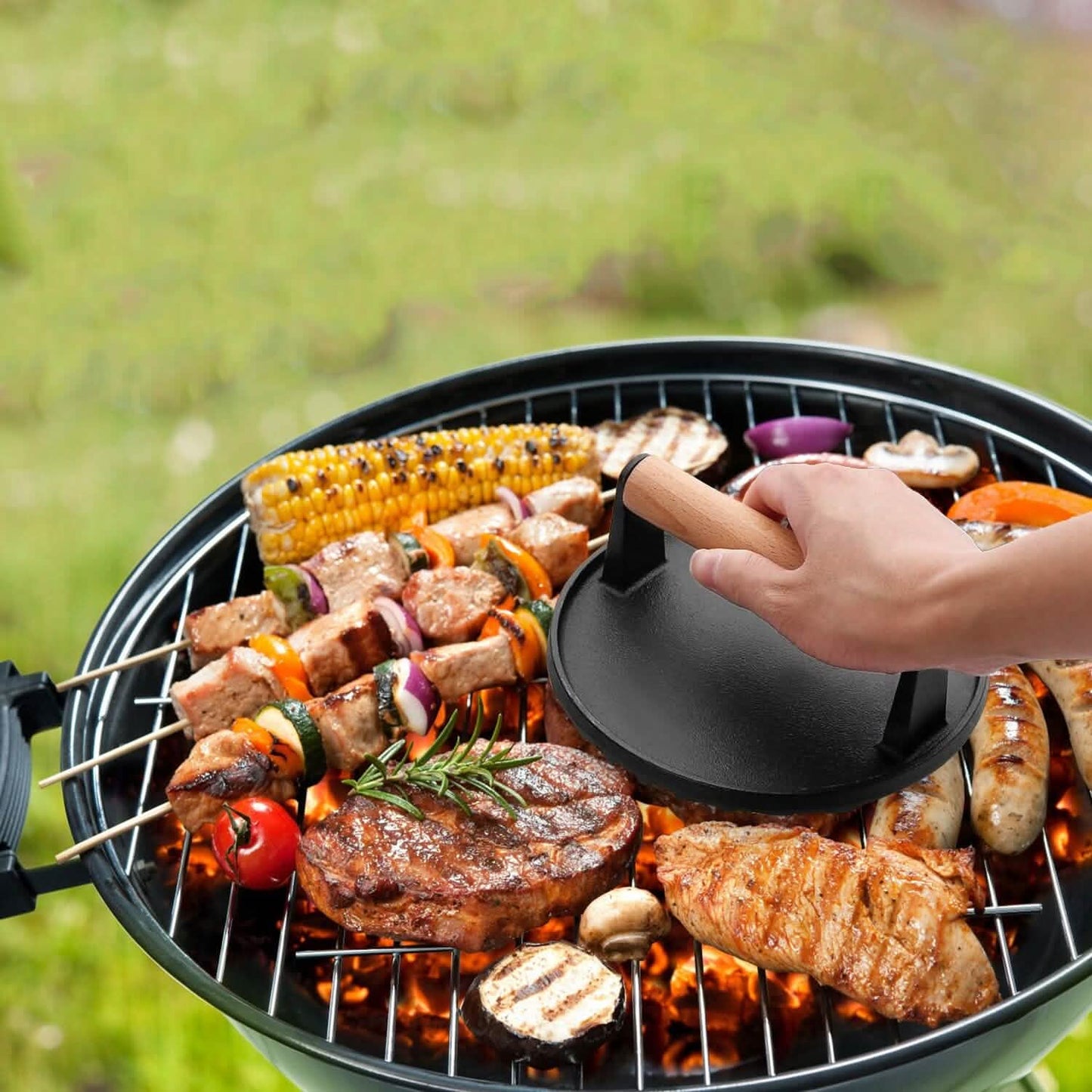 2-Pieces: Cast Iron Grill Press Pre-Seasoned Steak Weights Smash Burger Press DailySale