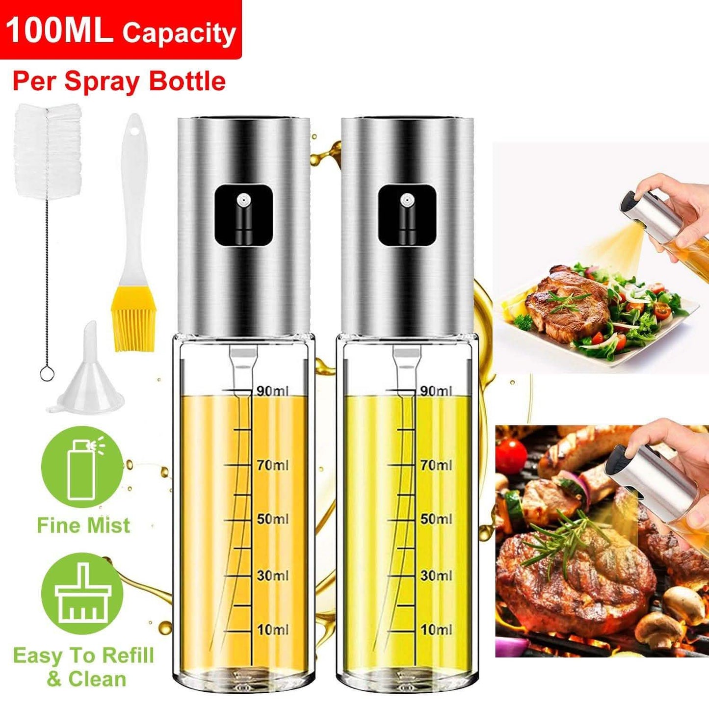 2-Pieces: Oil Dispenser Mister Refillable Stainless Steel Glass Vinegar with Measurement Oil Control Diet DailySale