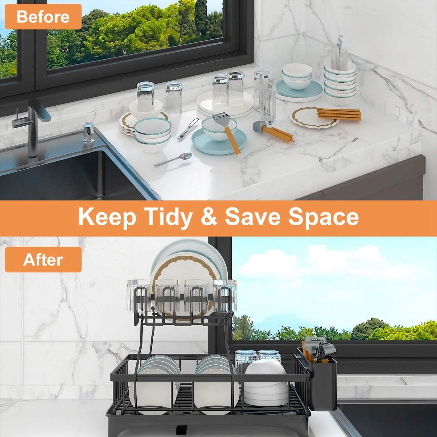 2-Tier Dish Rack Drainer Organizer Set with Utensil Cup Holder Rack Swivel Spout DailySale