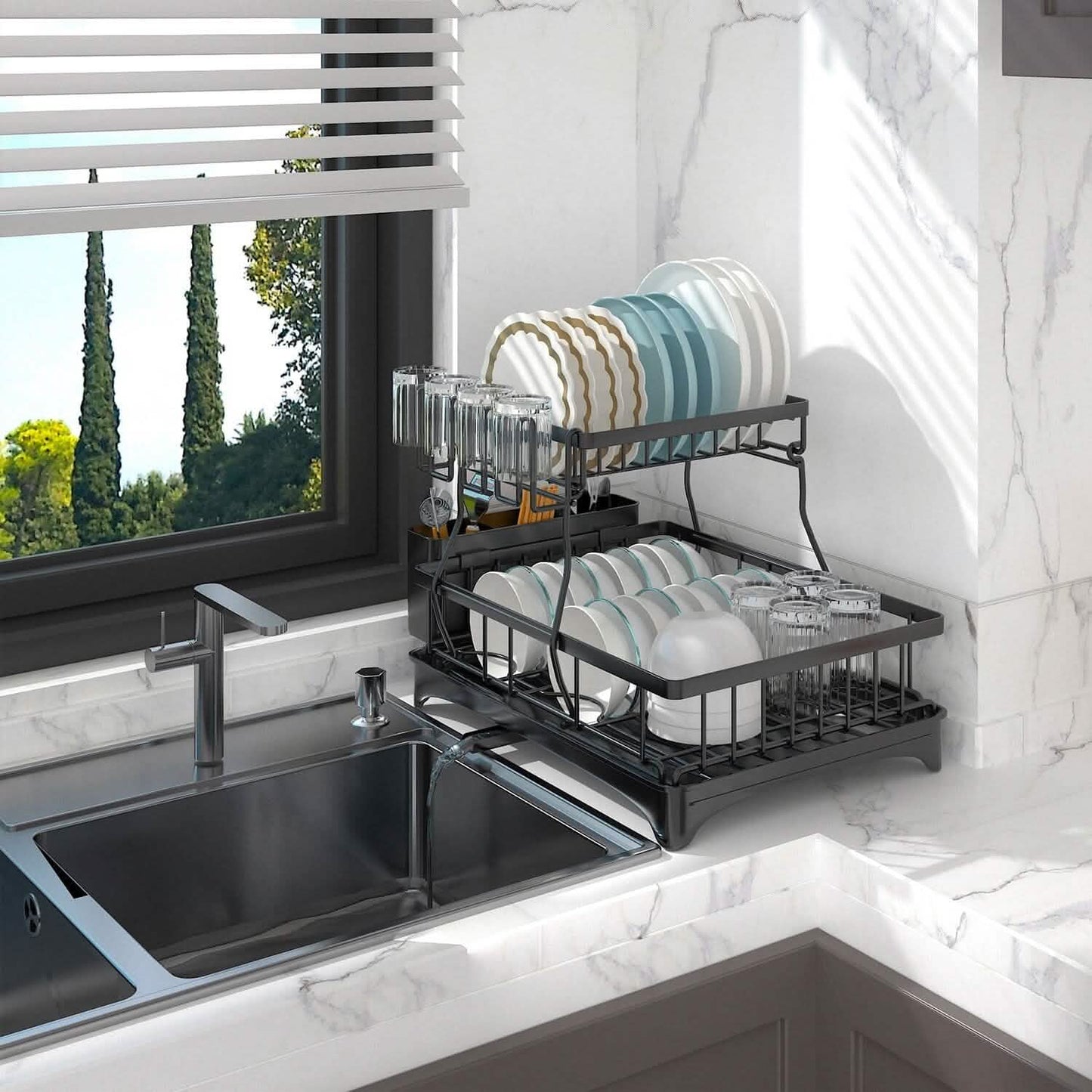 2-Tier Dish Rack Drainer Organizer Set with Utensil Cup Holder Rack Swivel Spout DailySale