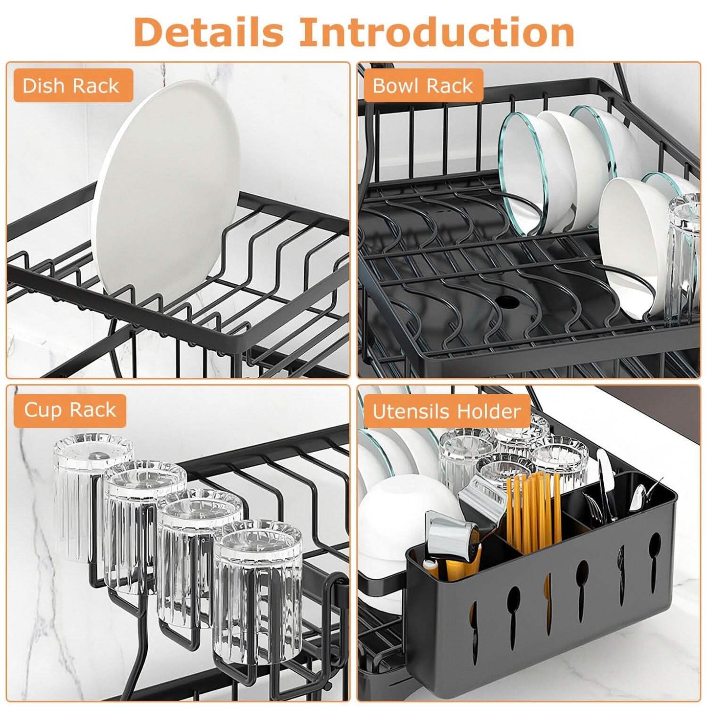 2-Tier Dish Rack Drainer Organizer Set with Utensil Cup Holder Rack Swivel Spout DailySale