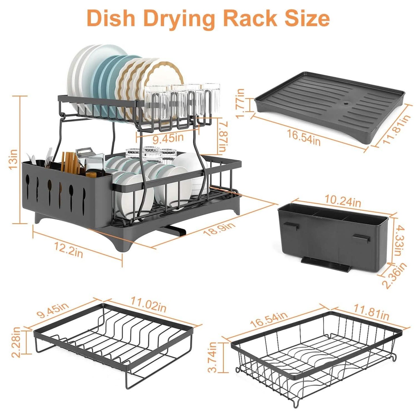 2-Tier Dish Rack Drainer Organizer Set with Utensil Cup Holder Rack Swivel Spout DailySale