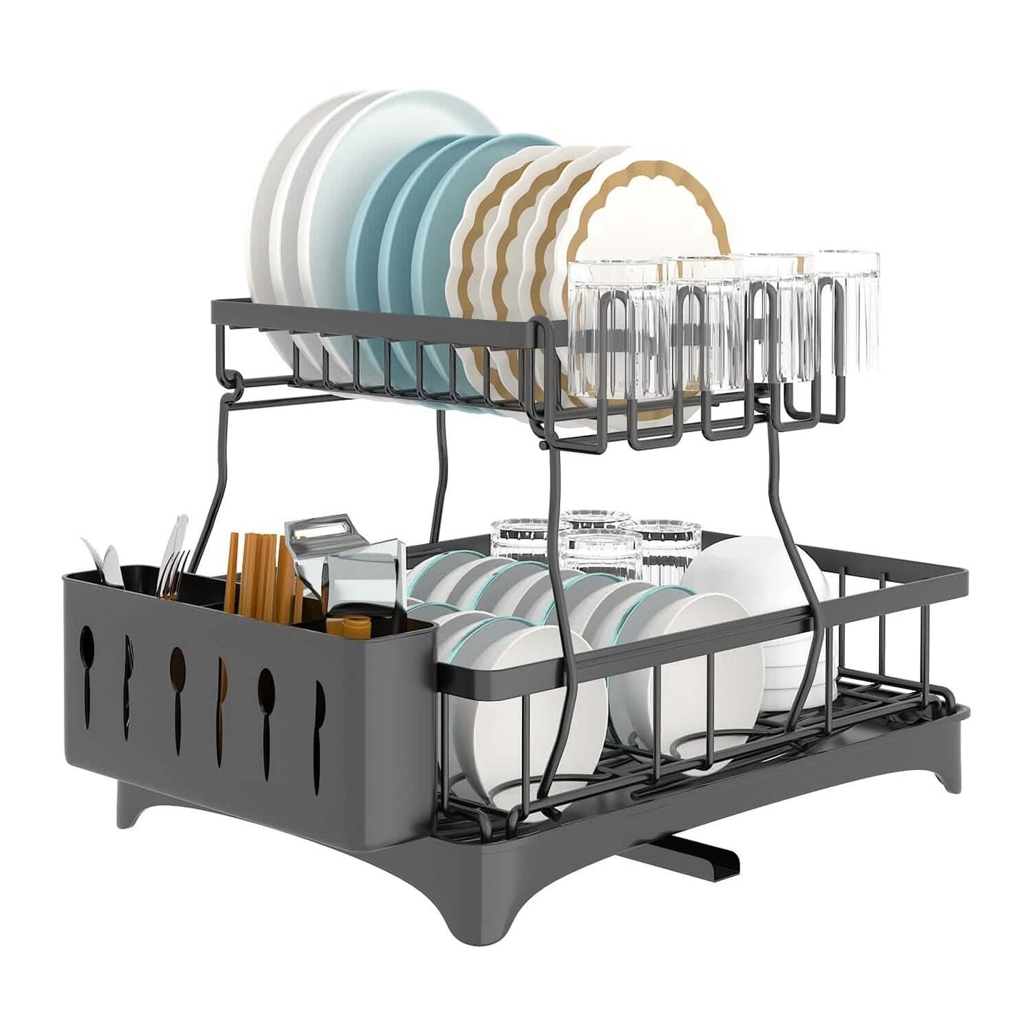 2-Tier Dish Rack Drainer Organizer Set with Utensil Cup Holder Rack Swivel Spout DailySale