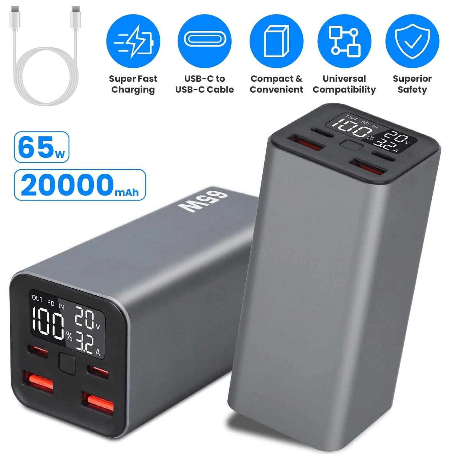 20000mah 65W USB-C PD Laptop Power Bank Fast Charging DailySale