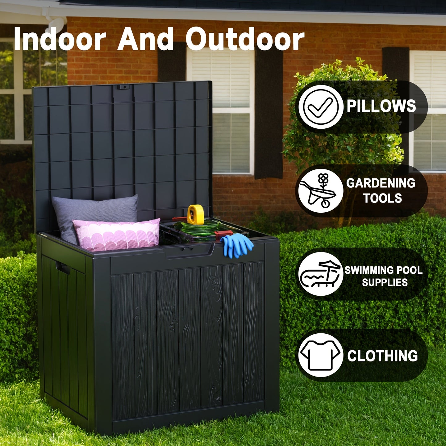 35 Gallon Outdoor Resin Storage Box – Black/Wood Grain DailySale
