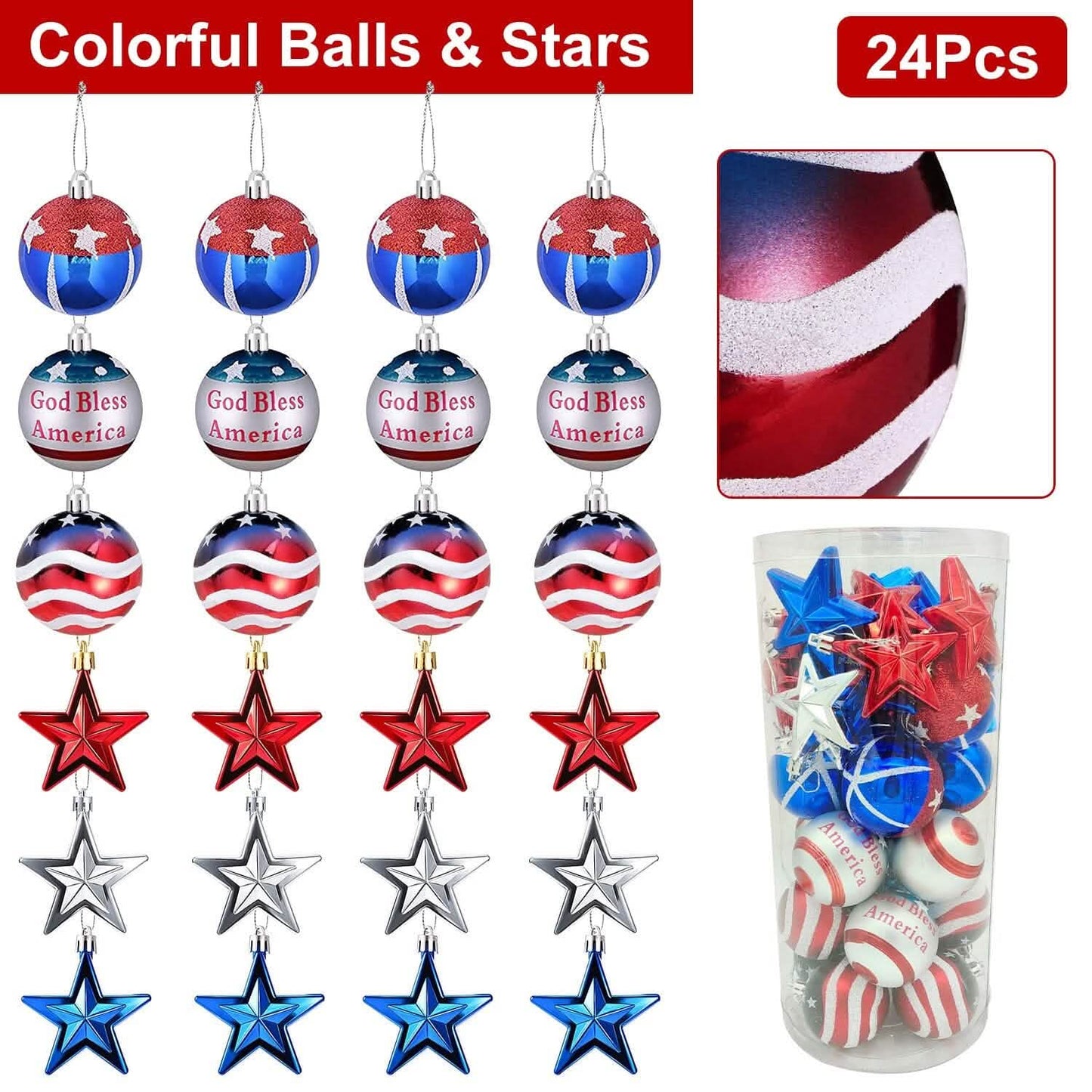 24-Pieces Set: Hanging Ornaments Ball Star Patriotic DailySale