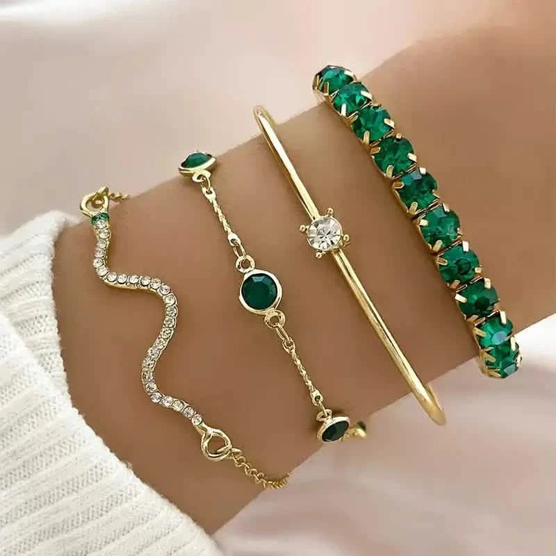 4pcs Green Emerald Rhinestone Snake Bracelet Set for Women DailySale