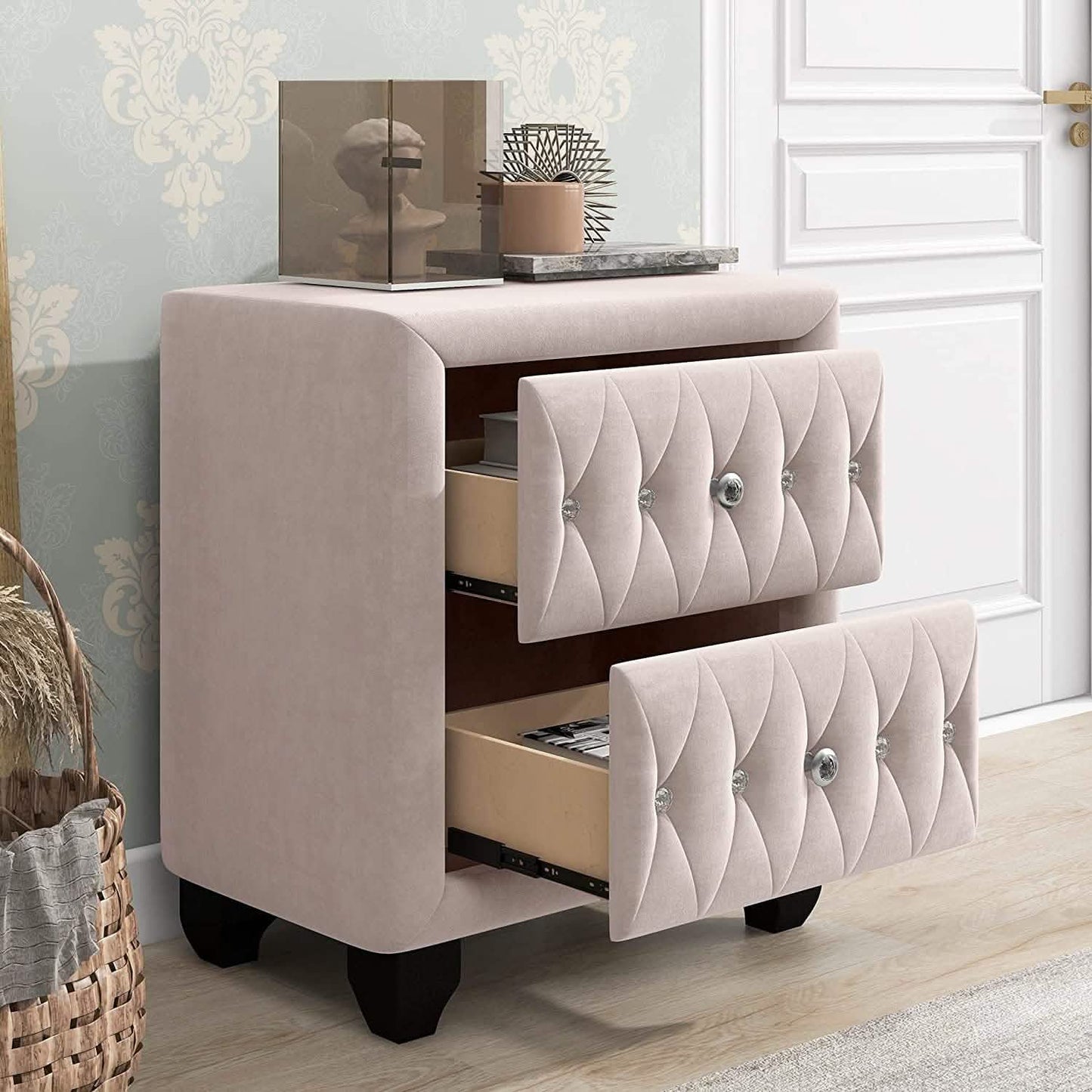27.9" Tall Bedside Table Blue Upholstered Velvet 2-Drawer Nightstand DailySale