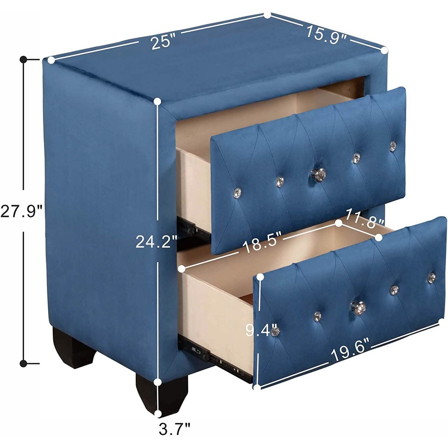 27.9" Tall Bedside Table Blue Upholstered Velvet 2-Drawer Nightstand DailySale
