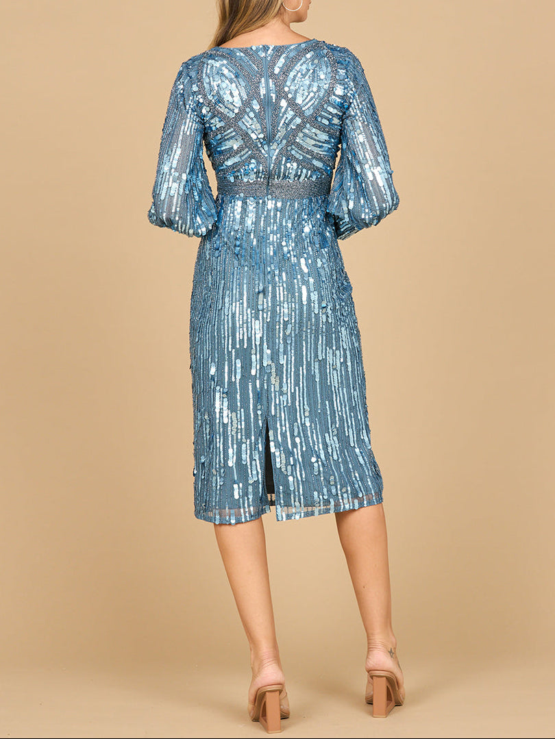 Lara 28855 - Beaded A-line Midi Dress with Long Sleeves Lara New York