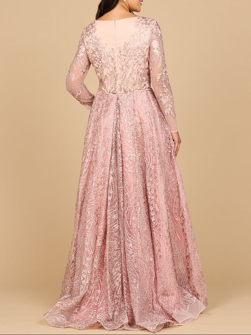 Long Sleeve Gown with Overskirt & Illusion Neckline Lara New York